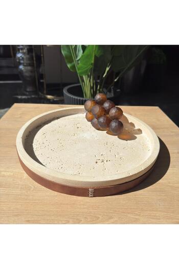 LİSPERA Travertine Marble Round Presentation Stand with Leather Decor, Travertine Round Presentation Stand, Luxury Home Office Gift