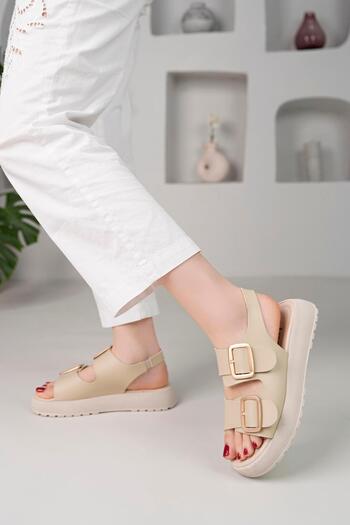 Aymood Double Buckle Wedge Heeled Double Strap Buckle Women's Sandals Nude