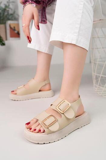 Aymood Double Buckle Wedge Heeled Double Strap Buckle Women's Sandals Nude