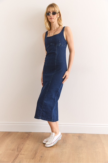 Olalook Rochie de damă, albastru bleumarin, cu cusături, cu fantă, din denim midi ELB-19002405