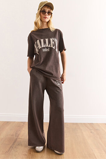 Olalook Women's Brown Valley Printed Top and Bottom Washed Cotton Tracksuit Set ETKM-0000082
