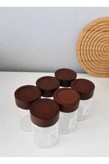 Online Kapında Luxury 6-Piece Acacia Spice Jar Acacia Lid Jar with Sprinkler Head Spice Rack