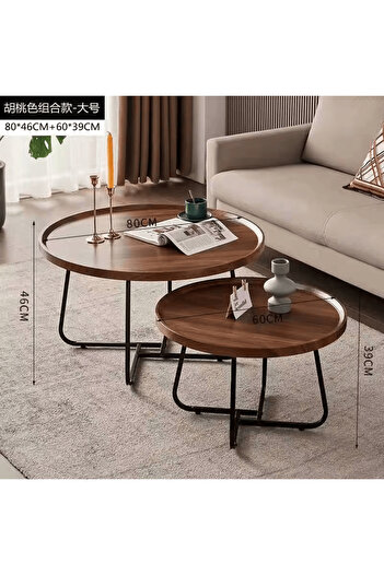 1st Set of 2 Round Wooden Coffee Tables in Various Sizes with Metal Base