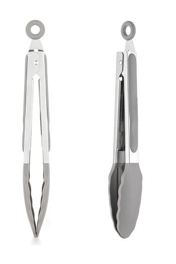 Home Cedric Metal Handle Service Tongs with Lock System and Silicone Tip Gray