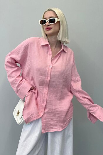 Madmext Pembe Muslin Kumaş Basic Kadın Gömlek MG1660
