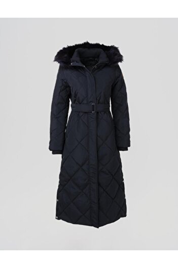 Kayra Diamond Patterned Faux Fur Goose down Coat Navy Blue