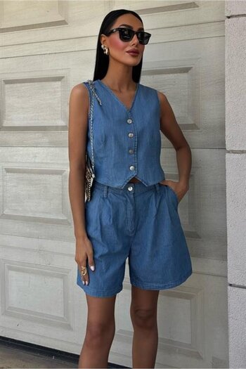 modaserdem Silver Buttoned Vest and Shorts Set 10174