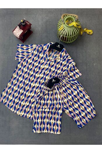 MFZ Giyim Blue Color Patterned Viscose Men's Shirt - Shorts Bottom Top Set