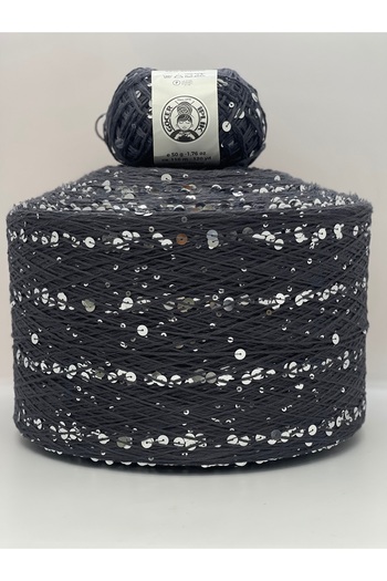 göçer Knitting Yarn 100% Dark Gray Cotton 3+6 Silver Sequins 50 Gr