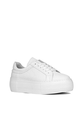 Celal Gültekin Women's White Lace-Up Thick-Sole Leather Sneakers
