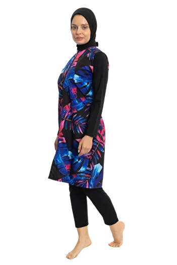 LEOMA Fully Covered Water Repellent Quick Drying Side Adjustable Zippered Patterned Hijab Swimsuit