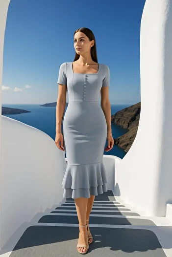 Modafeminen Women's Square Neck Short Sleeve Button Detail Double Flounce Midi Evening Dress Gray 582981