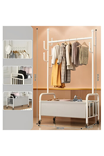 Herum Clothes rack with space for hangers, shoe compartment, with wheels, White, 80 x 37 x 168 cm