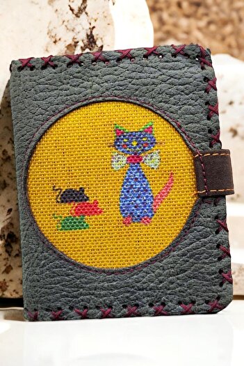 Fildişi Aksesuar Handmade Women Wallet Vegan Leather Cow and Flower Images Khaki Color