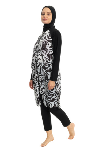 LEOMA Fully Covered Water Repellent Quick Drying Side Adjustable Zippered Patterned Hijab Swimsuit