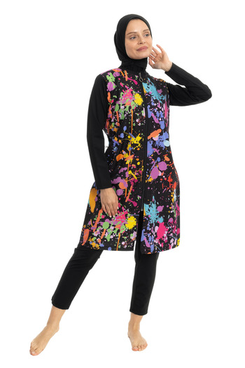 LEOMA Fully Covered Water Repellent Quick Drying Side Adjustable Zippered Patterned Hijab Swimsuit