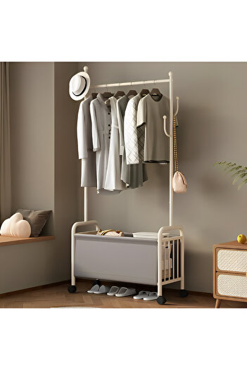 Herum Clothes rack with space for hangers, shoe compartment, with wheels, White, 80 x 37 x 168 cm
