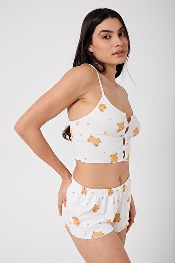 ELORİA Teddy Bear Patterned Thin Strap Stylish Cute Summer Animal Print Shorts Set