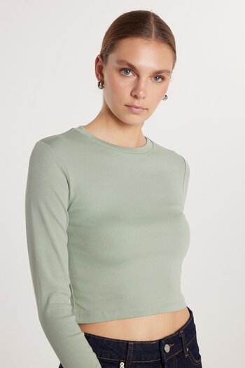 Tudors Women's Slim Fit Cotton Long Sleeve Solid Green Crew Neck Blouse