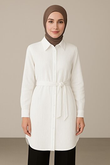 Nergis Neva Butik Women's Hijab Durres Belted Shirt Collar Tunic
