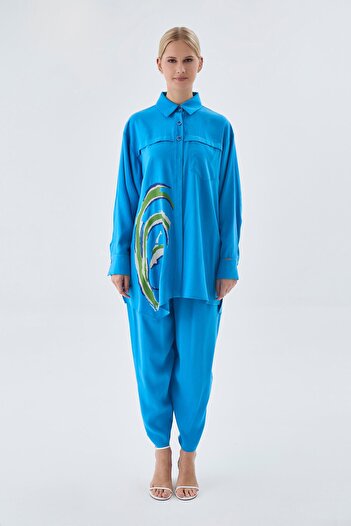Zühre Patterned Buttoned Turquoise Double Suit Tk-1454