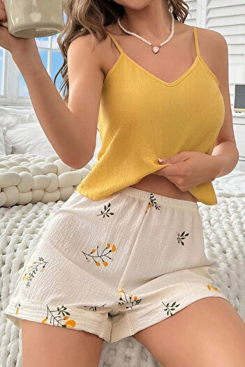 BELLA NOTTE Yellow Strappy Top & Floral Patterned Shorts Summer Pajama Set