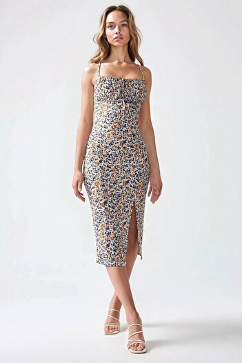 Hiccup Floral Print Bodycon Midi Dress with Slit Detail