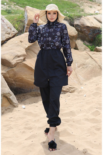 sefamerve Anchor Patterned Elastic Waist Hijab Swimsuit 5038-01 Black Blue