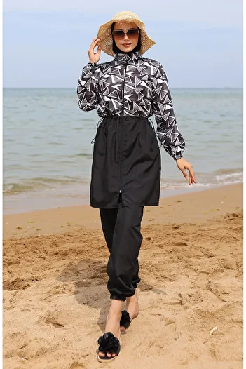 sefamerve Melis Elastic Waist Hijab Swimsuit 5042-01 Black White