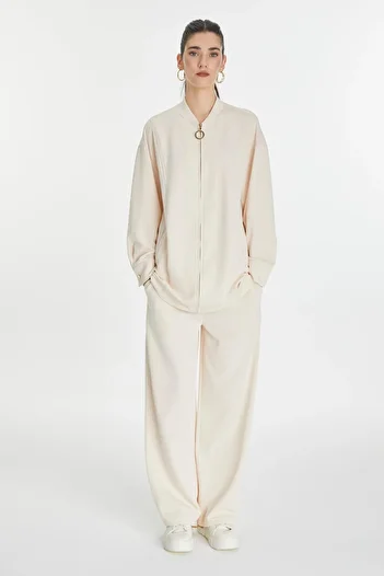 Zühre Stone Processing Detailed Zippered Ecru Double Suit Tk-1456