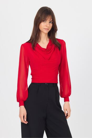 Rays Red Draped Tulle Sleeve Detailed Blouse 9474