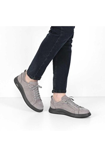 Celal Gültekin Men's Gray Lace-Up Thick Sole Nubuck Leather Sneakers