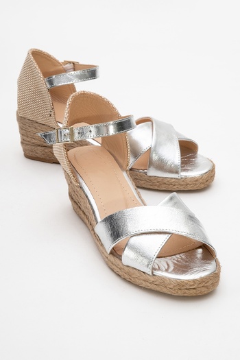 LuviShoes Mi̇ri̇a Silver Genuine Leather Cross-Strapped Women's Wedge Heeled Sandals