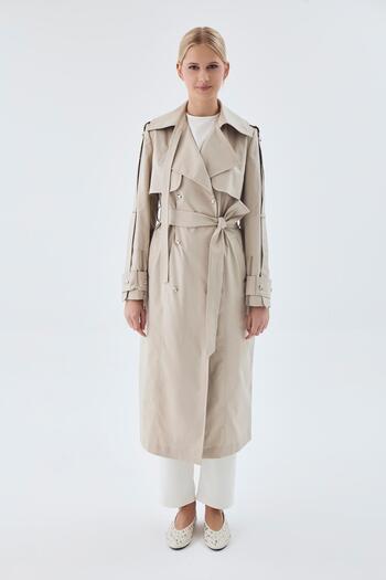 Zühre Double Breasted Collar Epaulet Detailed Belted Stone Trench Coat 13760