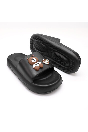 Tmall Women's Slippers, Foam, Lightweight With Teddy Bear Print, Pd1042, Black