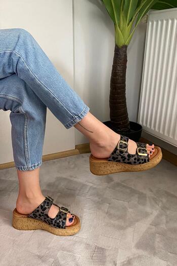Preshley Women's Nora Black Leopard Double Band Thick Cork Sole Orthopedic Sandals Slippers K-270
