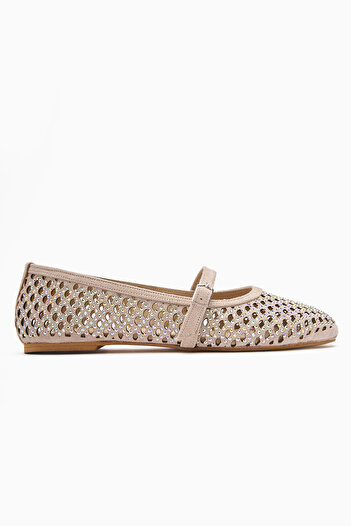 Limoya Nicole Ten Suede Oval Toe Perforated Stone Detailed Single Strap Casual Women's Shoes
