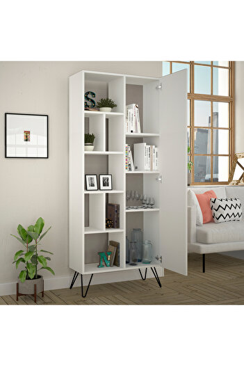Mourah Home Jedda 7-Tier Bookshelf with 1 Door – Storage Rack - Display Cabinet With Metal Legs