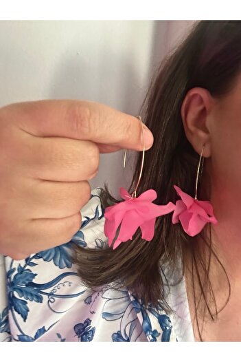 alsaccessories Women's Dark Pink Acrylic Gold Color Chain Bottom Stylish Earrings with Leaves Length 7 cm