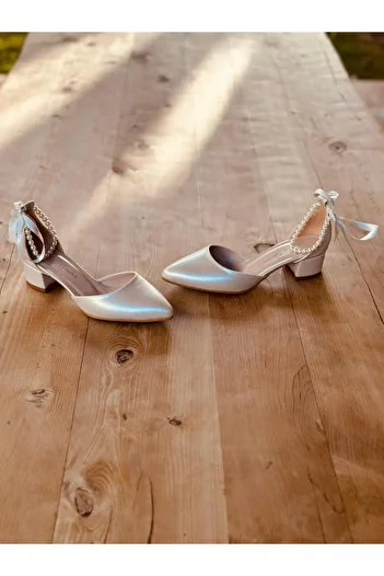 İlkinin Pabuçları Pearl Bridal Shoes, Women's Evening Dress Shoes with Rhinestone Pearls, 3cm Thick Heels Comfortable Design