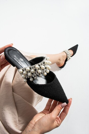 MissPapatya Kunny Black Kilim Pearl Detail Women's Heeled Slippers