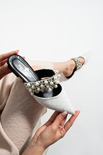 MissPapatya Γυναικείες παντόφλες με τακούνι KUNNY White Kilim Pearl Detail