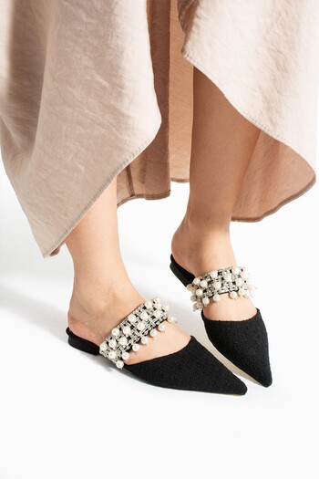 MissPapatya Kunny Black Kilim Pearl Detail Women's Heeled Slippers