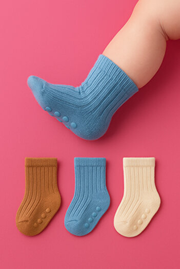 Socks Stations 3 Pack Natural Bamboo Baby Socks Seamless - Newborn Socks (Anti-Slip Silicone Sole after 6 Months)