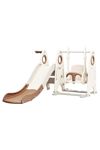 FULLJOY 4 in 1 Rocket Slide with Swing, Basketball Hoop and Climber for Kids