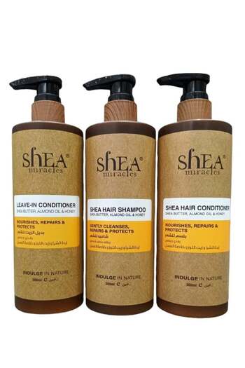 Shea Miracles Shampoo 300ml, Conditioner 300ml, and Oil Replacement 300ml for hair with shea butter, almond oil, and honey extract