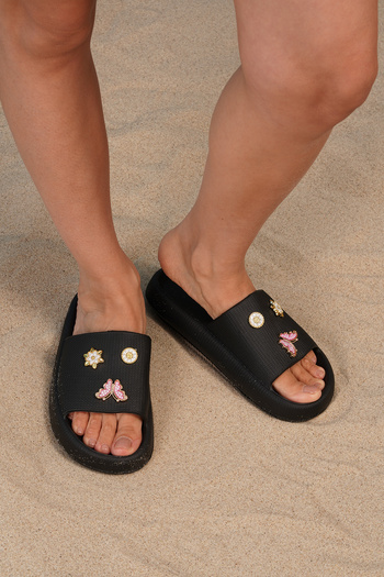 Beyond Women's Black Knitted Pattern Stone Accessory Eva Slippers 3cm Byndyt01
