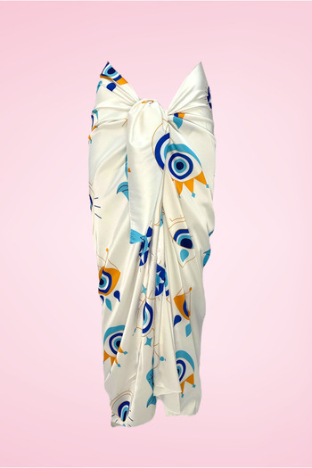 pistore White Yellow Eye Patterned Long Pareo Satin Women's Beach Dress New Season