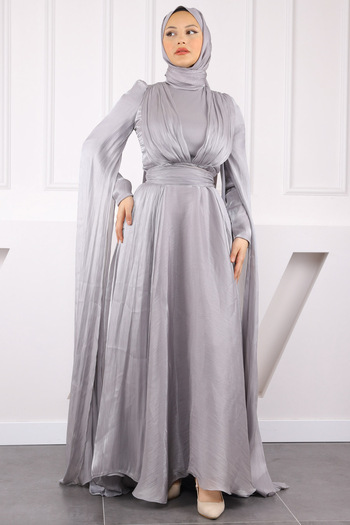 İmajButik Gray Shoulder Detailed Draped Evening Dress