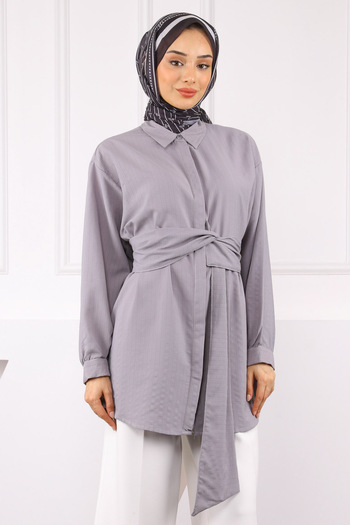 İmajButik Gray Belt Detailed Wrap Shirt